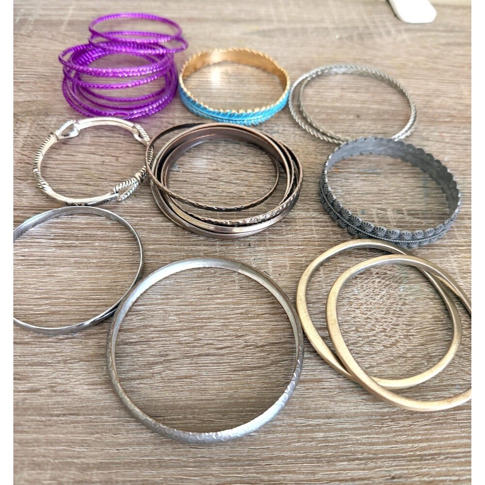 Boho Stacking Bangle Bracelet Lot Silver Gold Purple Enamel Floral Stacker Set